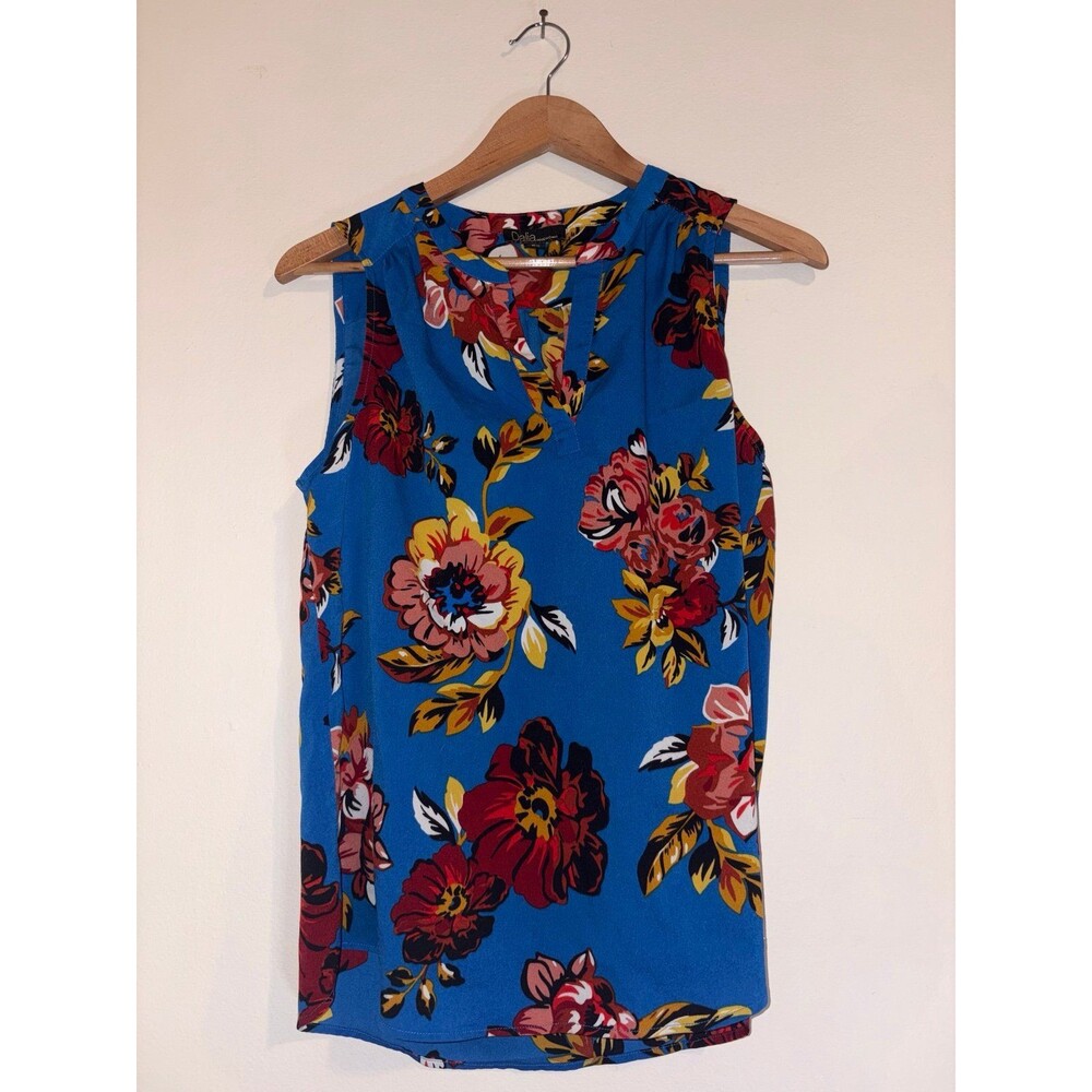 Dalia Vibrant Blue Floral Sleeveless Shirt - Size Medium